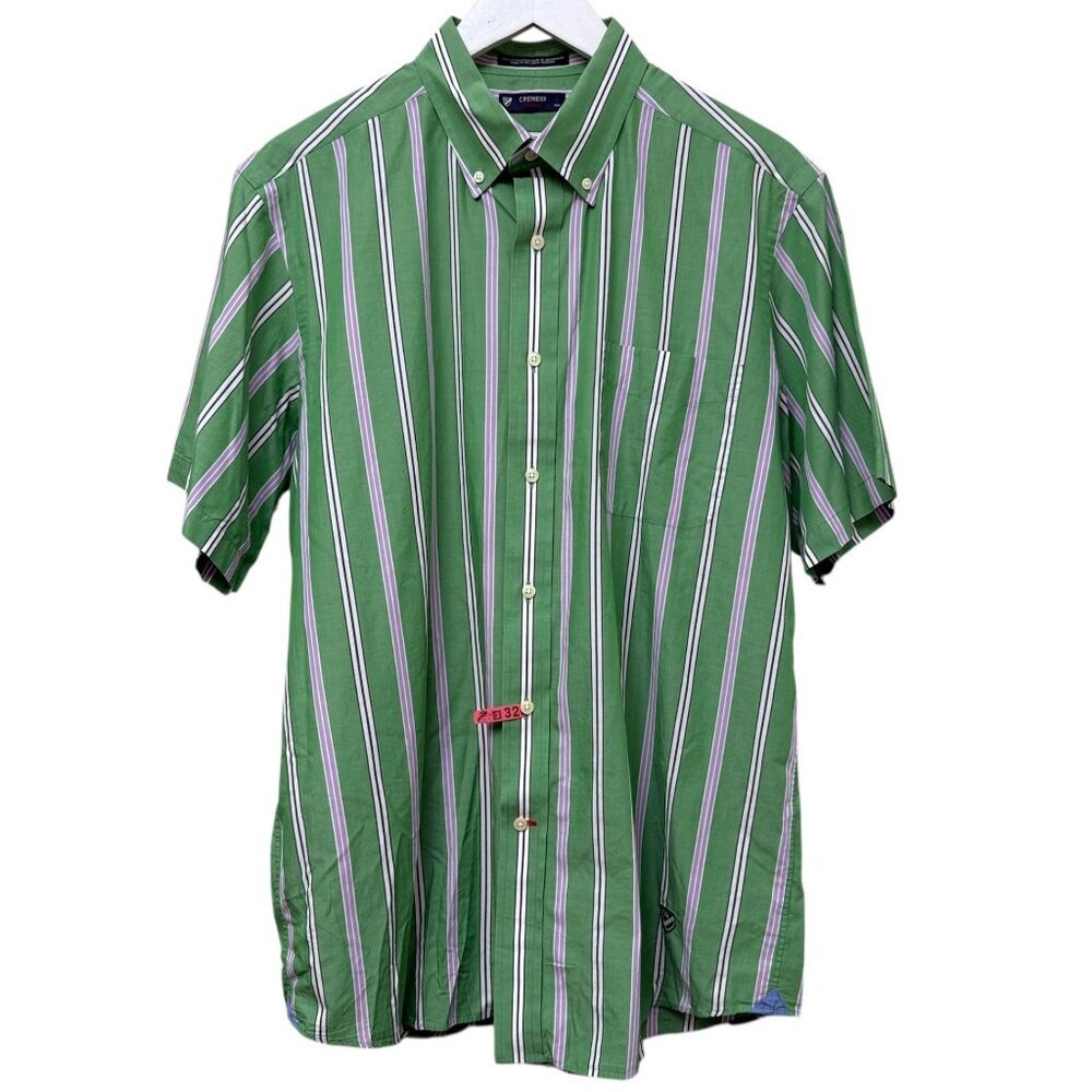 CREMIEUX Mens Classico Shirt Large Short Sleeve Green Stripe Cotton Button Down